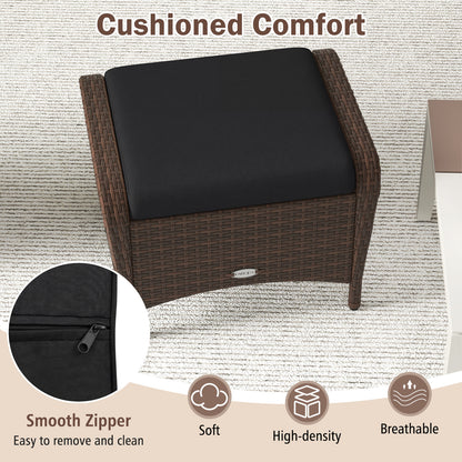 Set Of 2 PE Wicker Ottomans With Cushions, Black