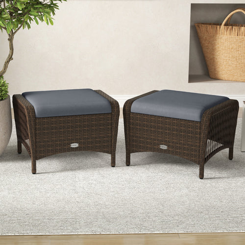 Set Of 2 PE Wicker Ottomans With Cushions, Grey