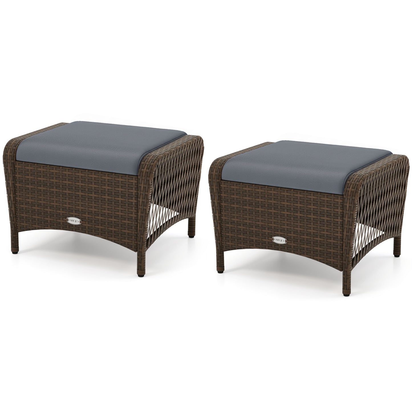Set Of 2 PE Wicker Ottomans With Cushions, Grey