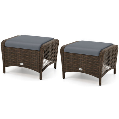 Set Of 2 PE Wicker Ottomans With Cushions, Grey