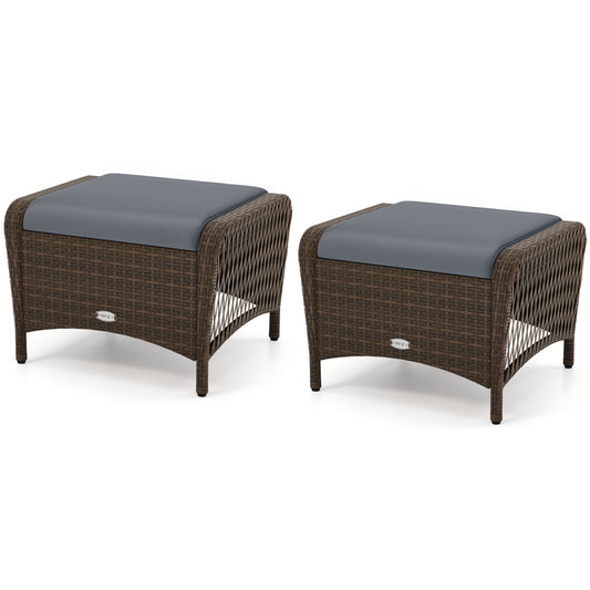 Set Of 2 PE Wicker Ottomans With Cushions, Grey Outdoor Seating & Patio Chairs Gray at Gallery Canada