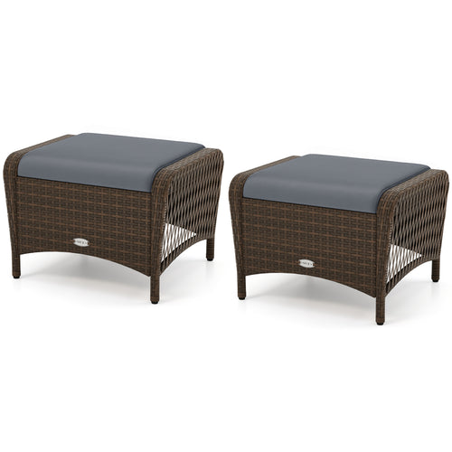 Set Of 2 PE Wicker Ottomans With Cushions, Grey