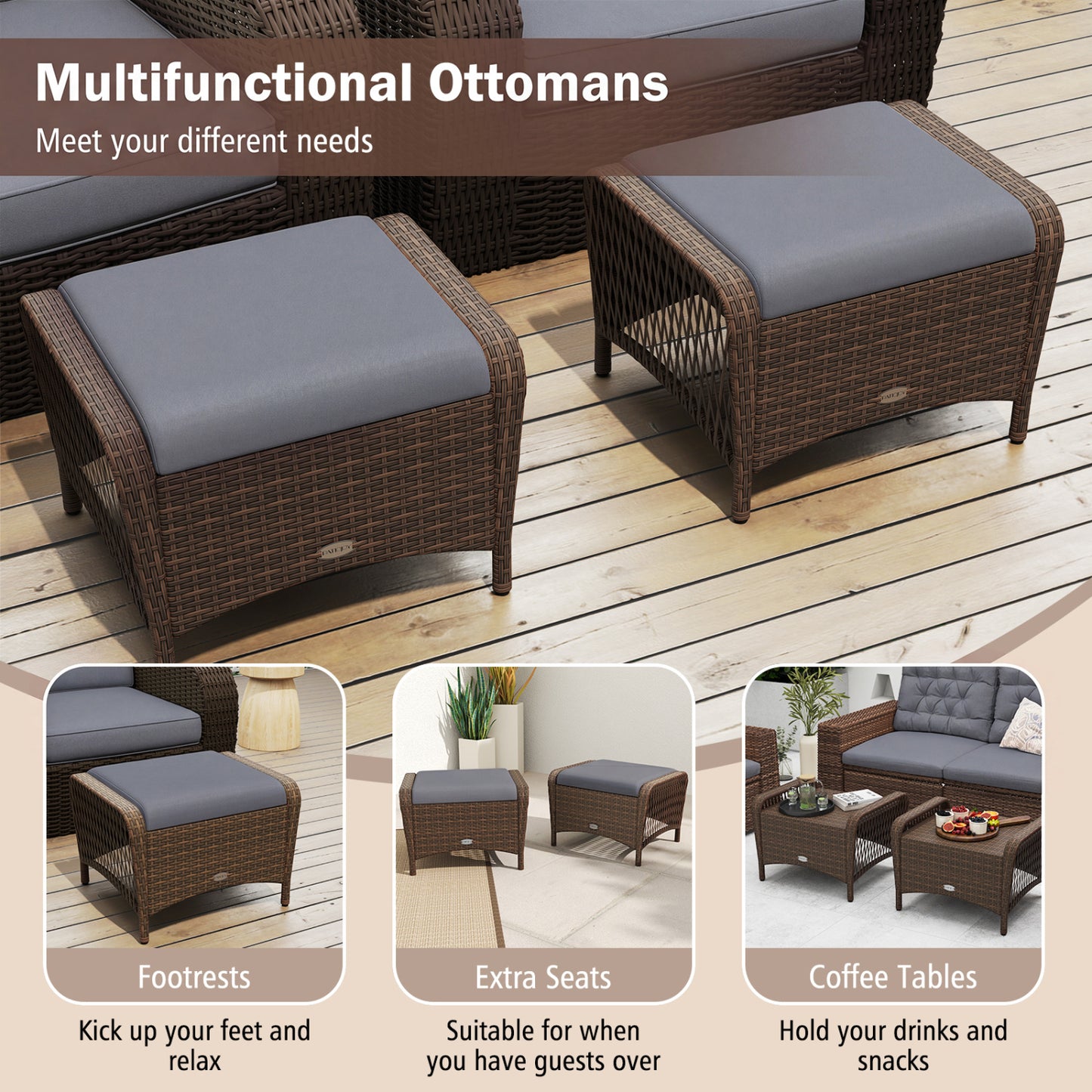 Set Of 2 PE Wicker Ottomans With Cushions, Grey