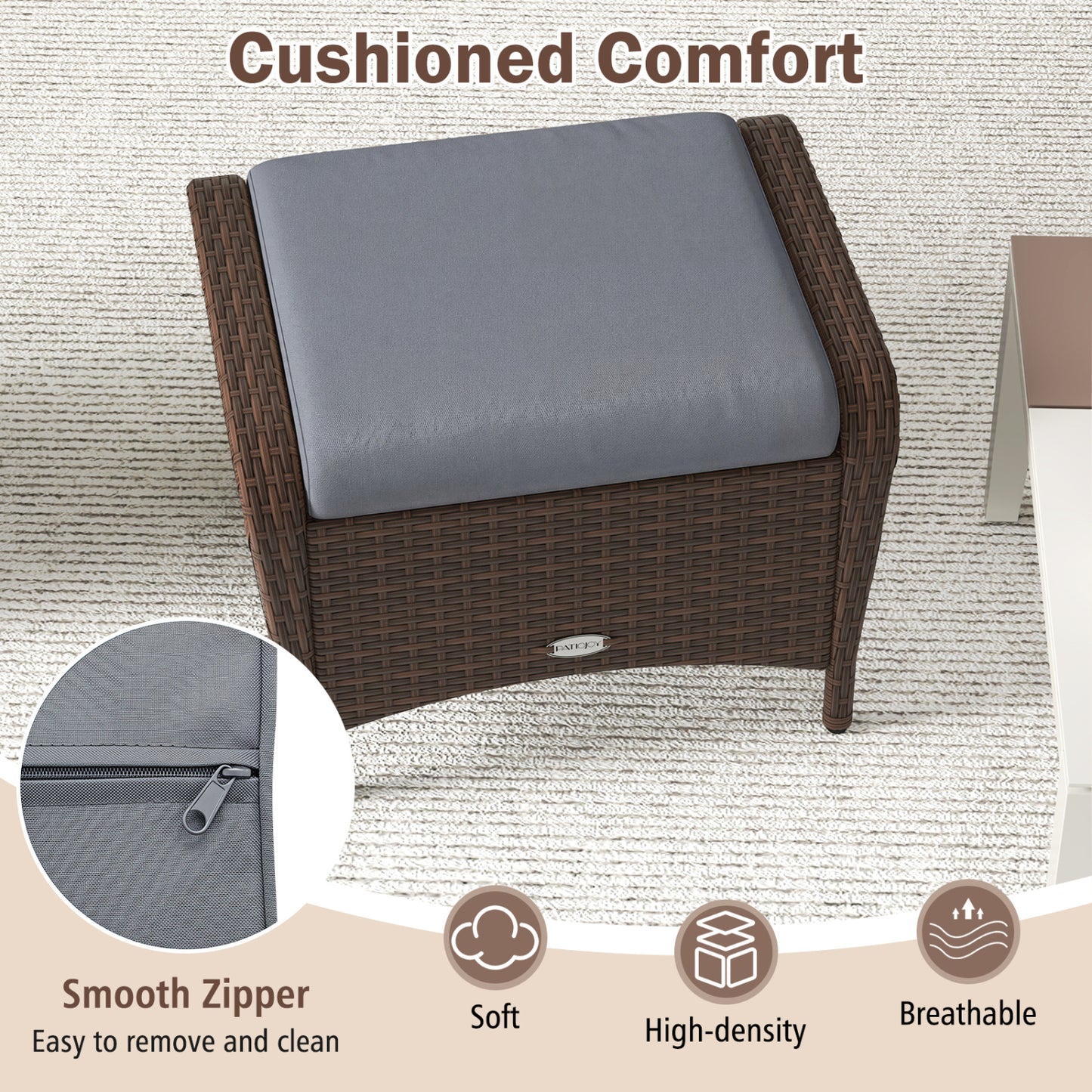 Set Of 2 PE Wicker Ottomans With Cushions, Grey