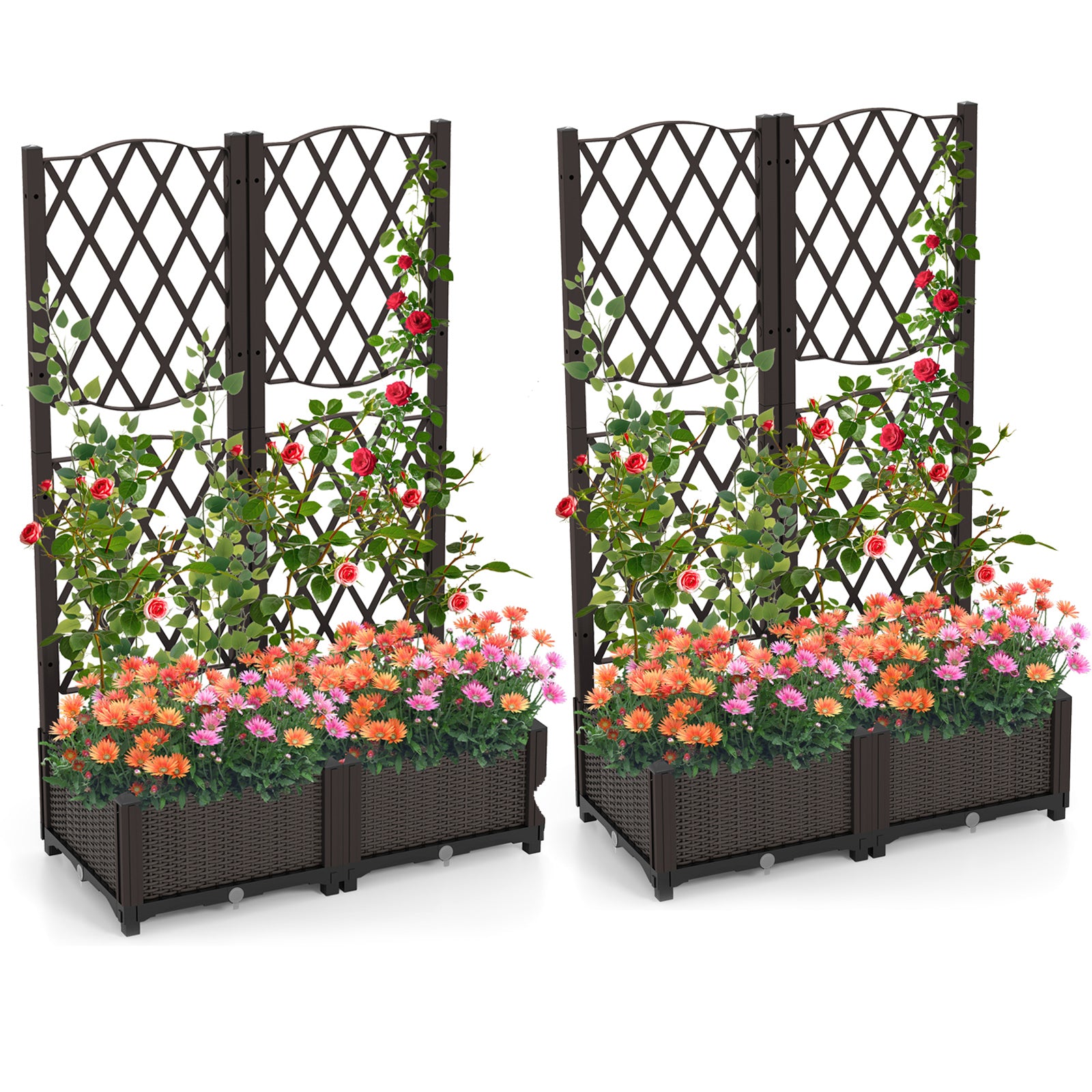 Set of 2 PE Rattan Raised Garden Bed with Trellis Planter Box for Climbing Plants, Rustic Brown Raised Garden Beds Rustic Brown at Gallery Canada