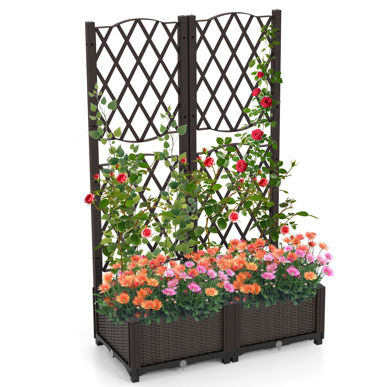 Set of 2 PE Rattan Raised Garden Bed with Trellis Planter Box for Climbing Plants, Rustic Brown Raised Garden Beds at Gallery Canada
