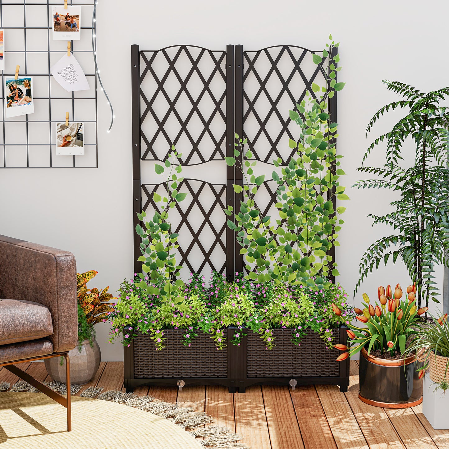 Set of 2 PE Rattan Raised Garden Bed with Trellis Planter Box for Climbing Plants, Rustic Brown Raised Garden Beds at Gallery Canada