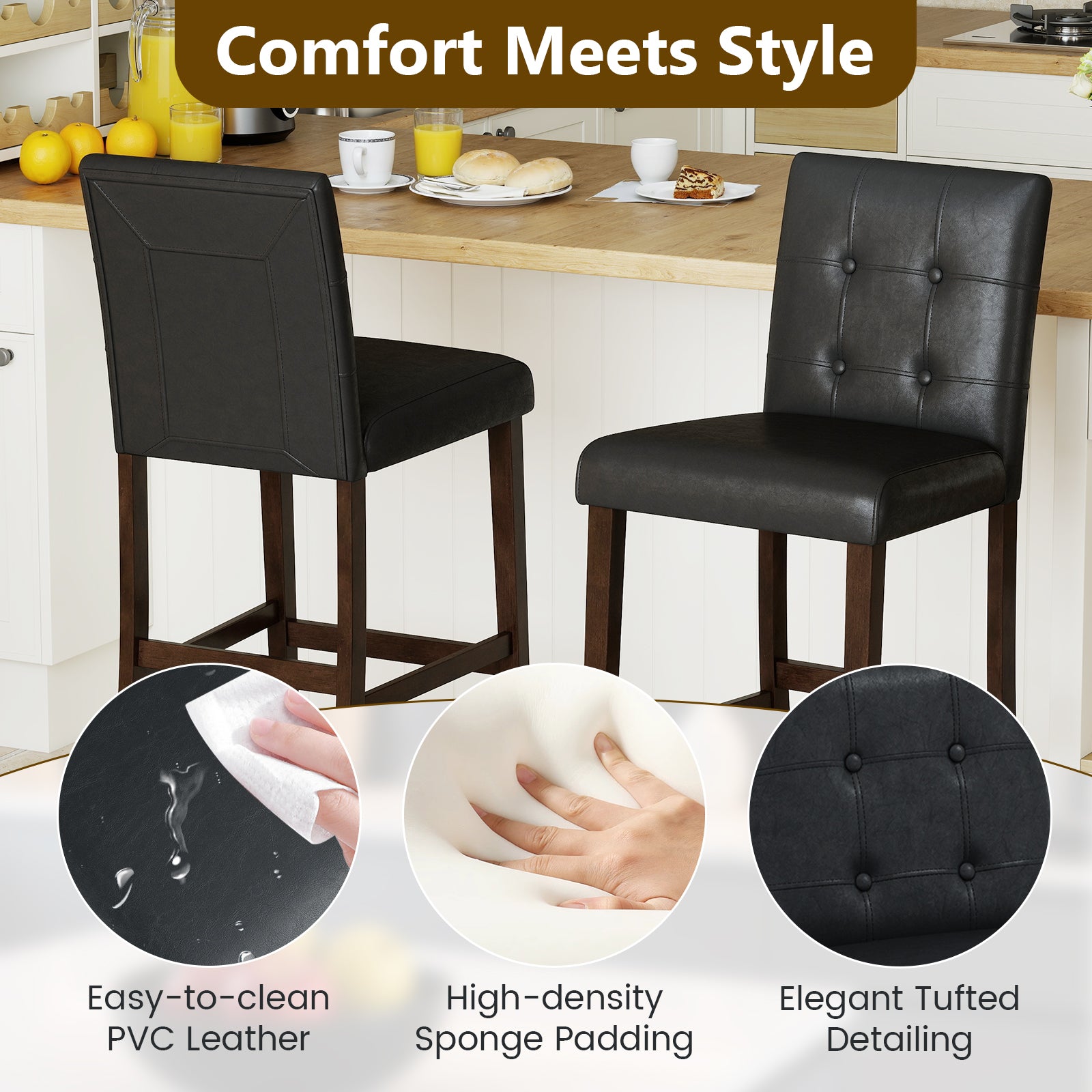 Set of 2 PVC Dining Leather Bar Stools with Solid Wood Legs-29 inches Bar Stools at Gallery Canada