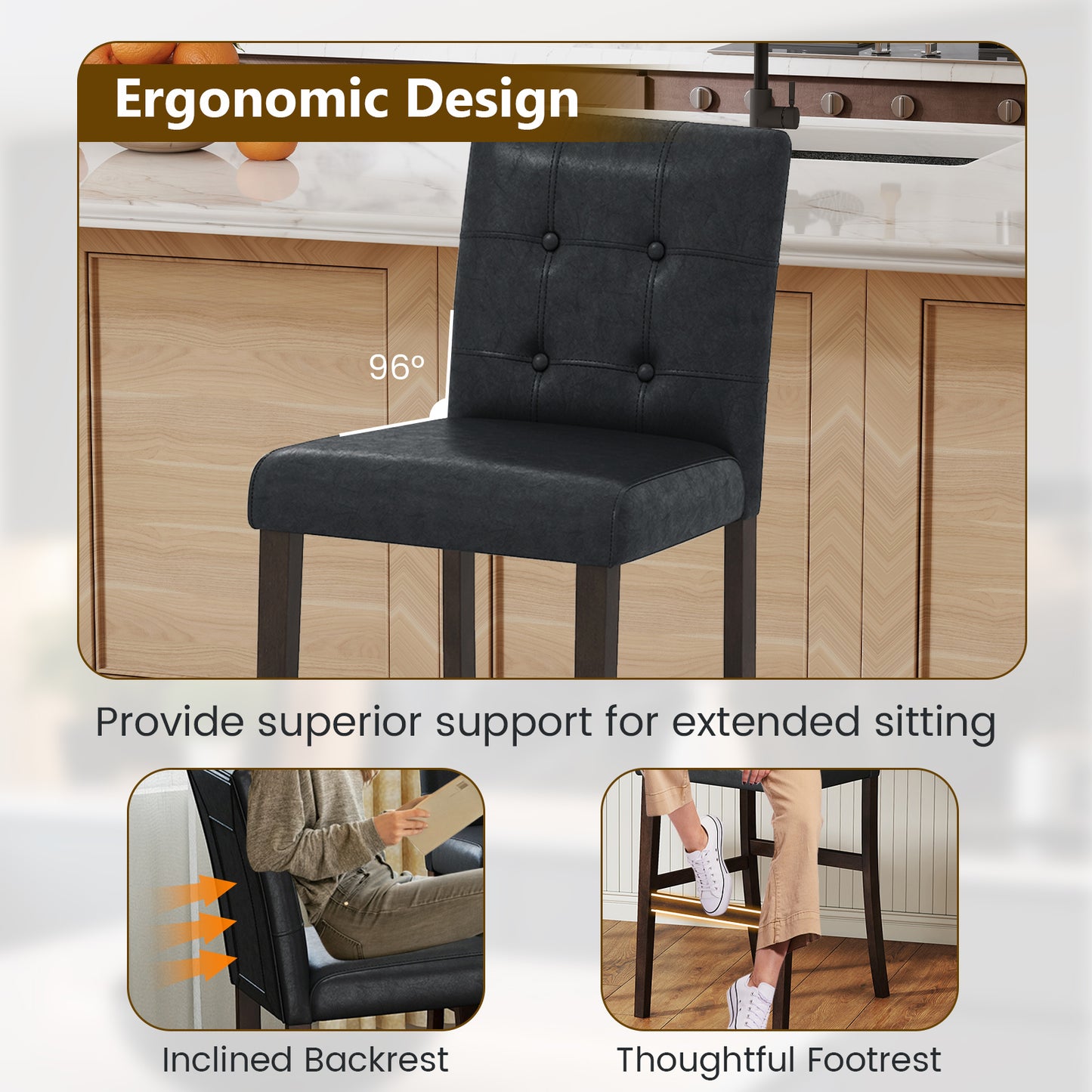 Set of 2 PVC Dining Leather Bar Stools with Solid Wood Legs-29 inches Bar Stools at Gallery Canada