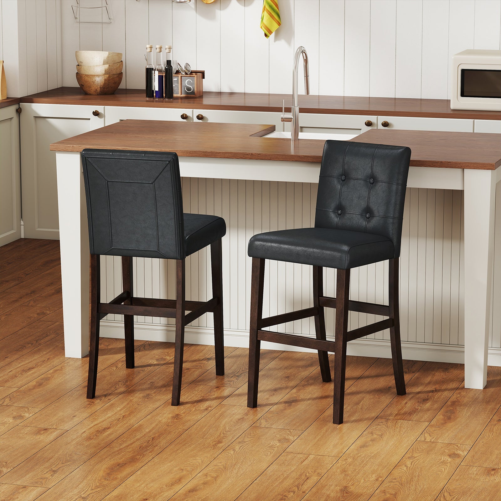 Set Of 2 PVC Leather Bar Stools, Solid Wood Legs, Black Bar Stools at Gallery Canada