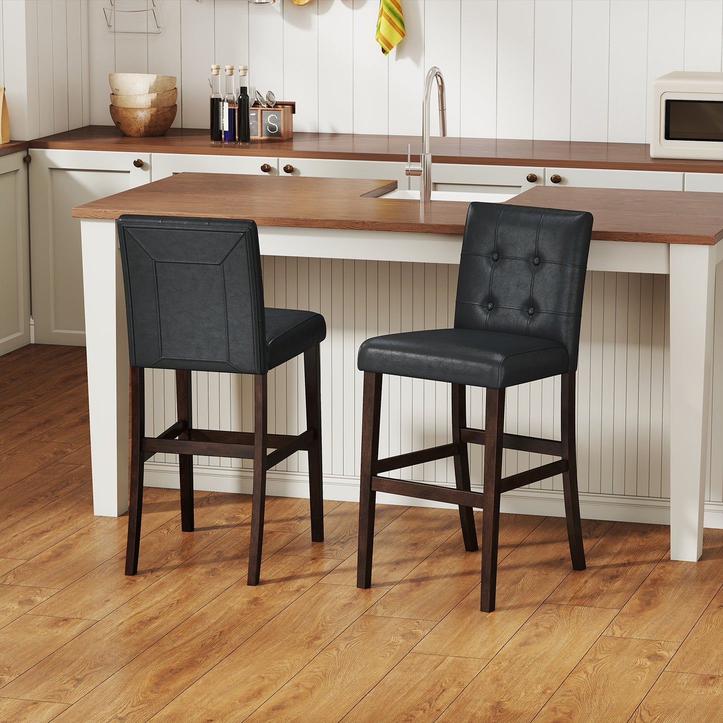 Set Of 2 PVC Leather Bar Stools, Solid Wood Legs, Black Bar Stools at Gallery Canada