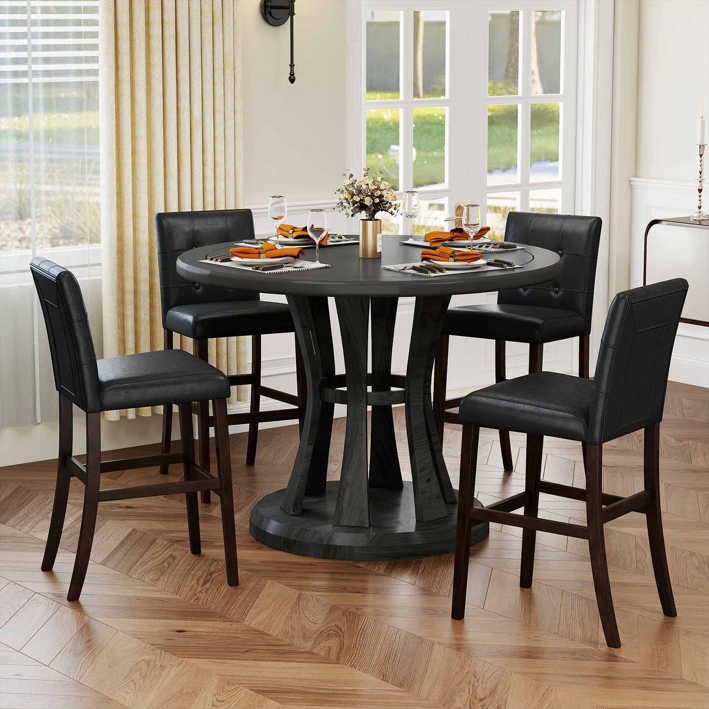 Set Of 2 PVC Leather Bar Stools, Solid Wood Legs, Black Bar Stools at Gallery Canada