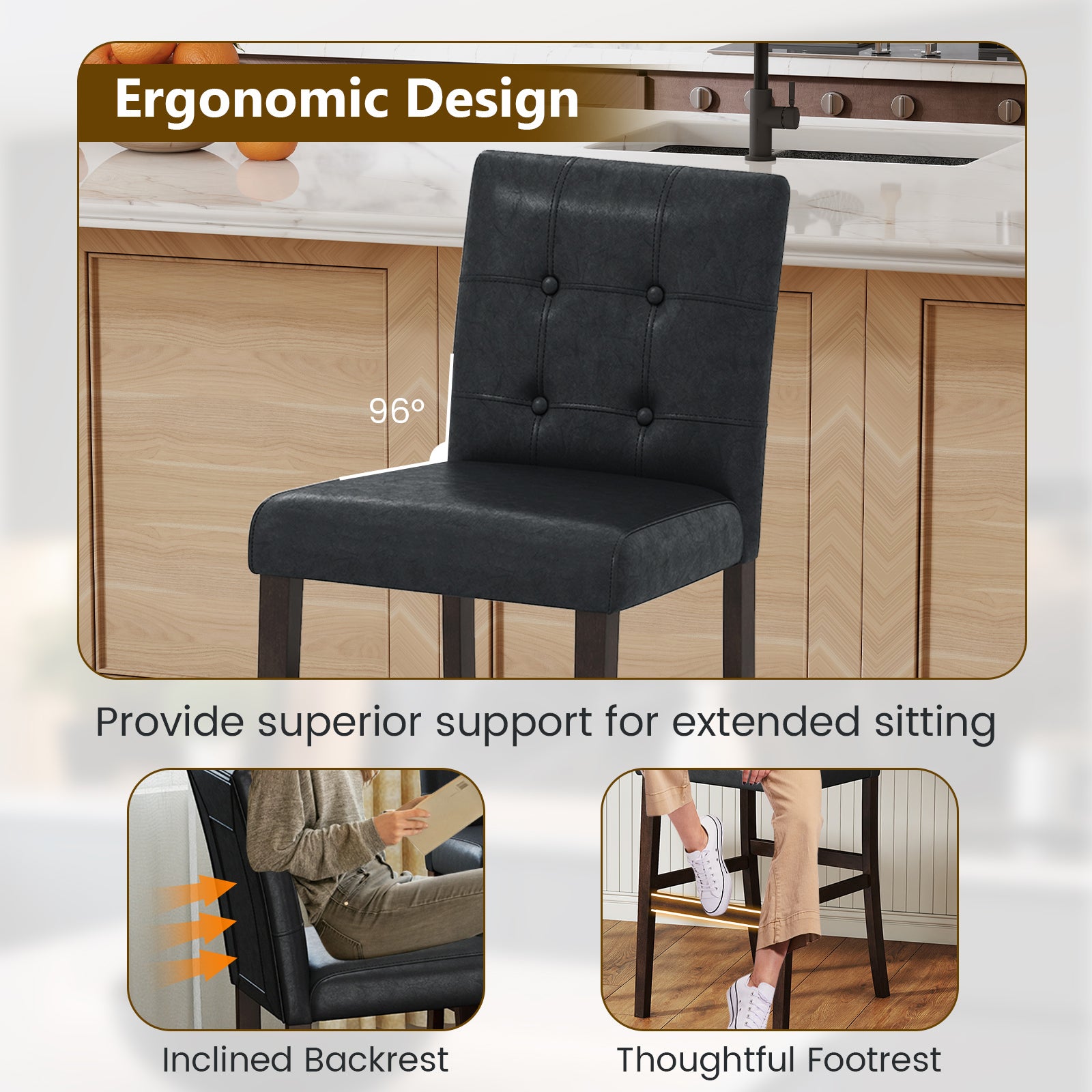 Set Of 2 PVC Leather Bar Stools, Solid Wood Legs, Black Bar Stools at Gallery Canada
