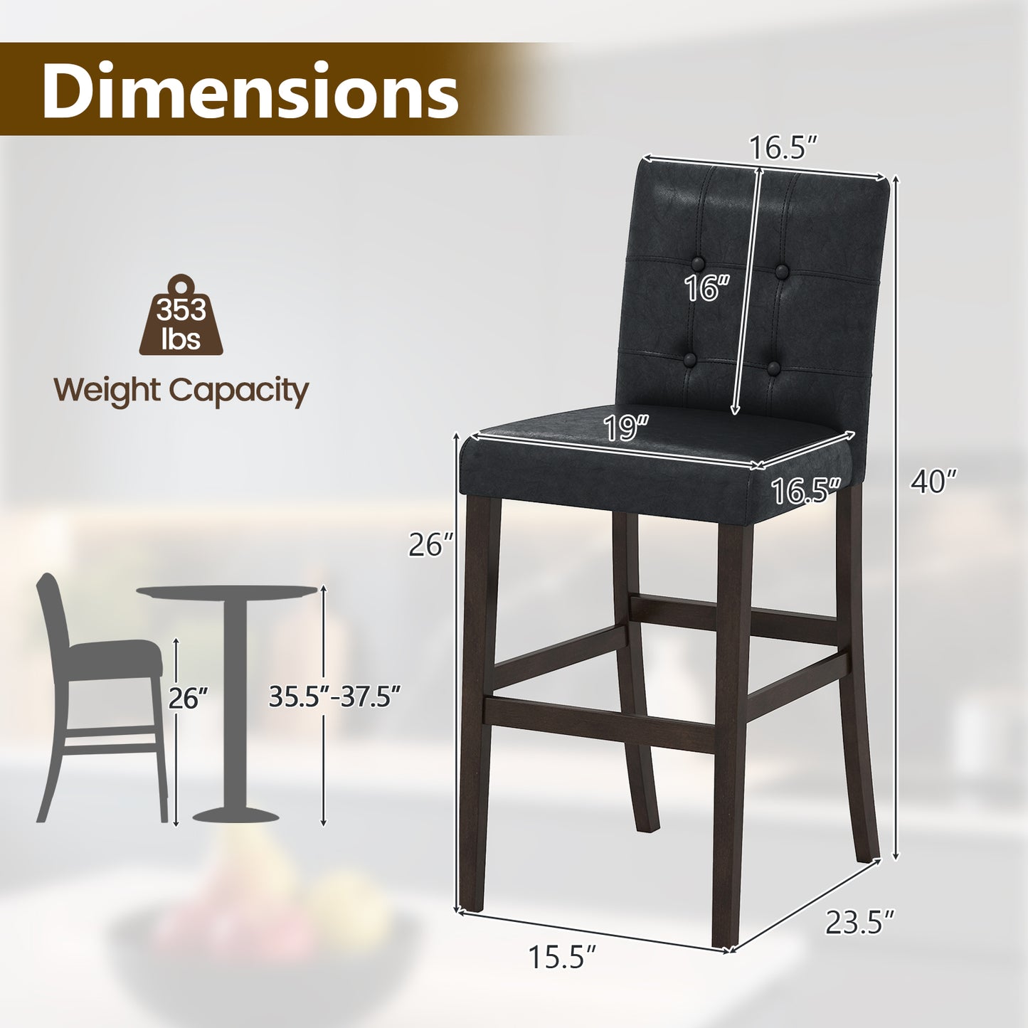 Set Of 2 PVC Leather Bar Stools, Solid Wood Legs, Black Bar Stools at Gallery Canada