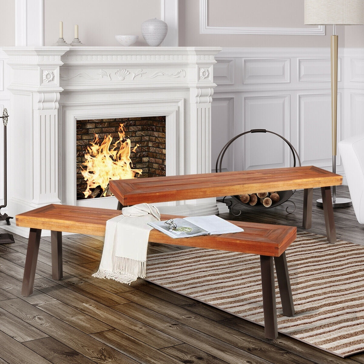 Set Of 2 Patio Acacia Wood Dining Bench Outdoor Benches at Gallery Canada