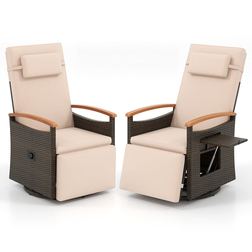 Set of 2 Patio Rattan 360° Swivel Recliner Chair with Adjustable Backrest and Footrest, Beige