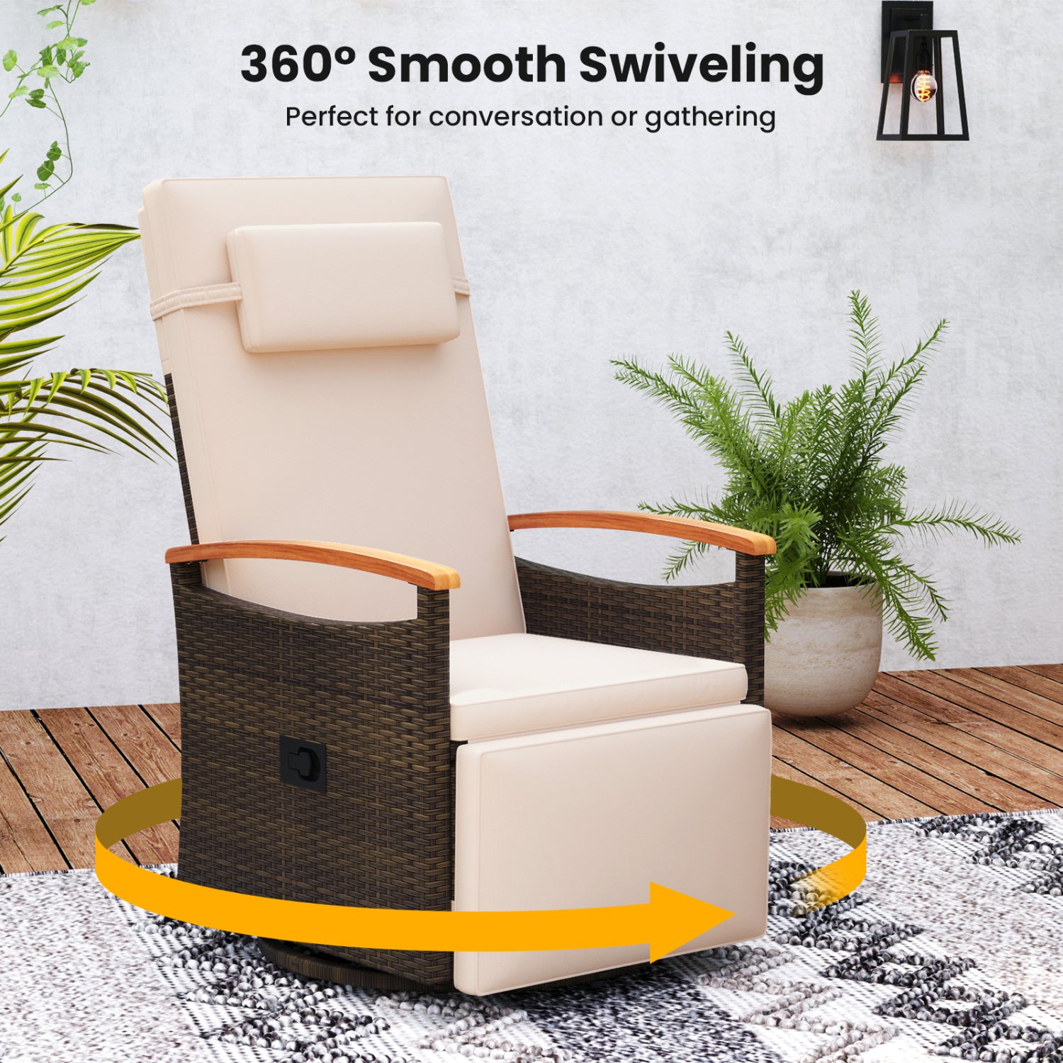 Set of 2 Patio Rattan 360° Swivel Recliner Chair with Adjustable Backrest and Footrest, Beige Outdoor Chaise Lounges at Gallery Canada