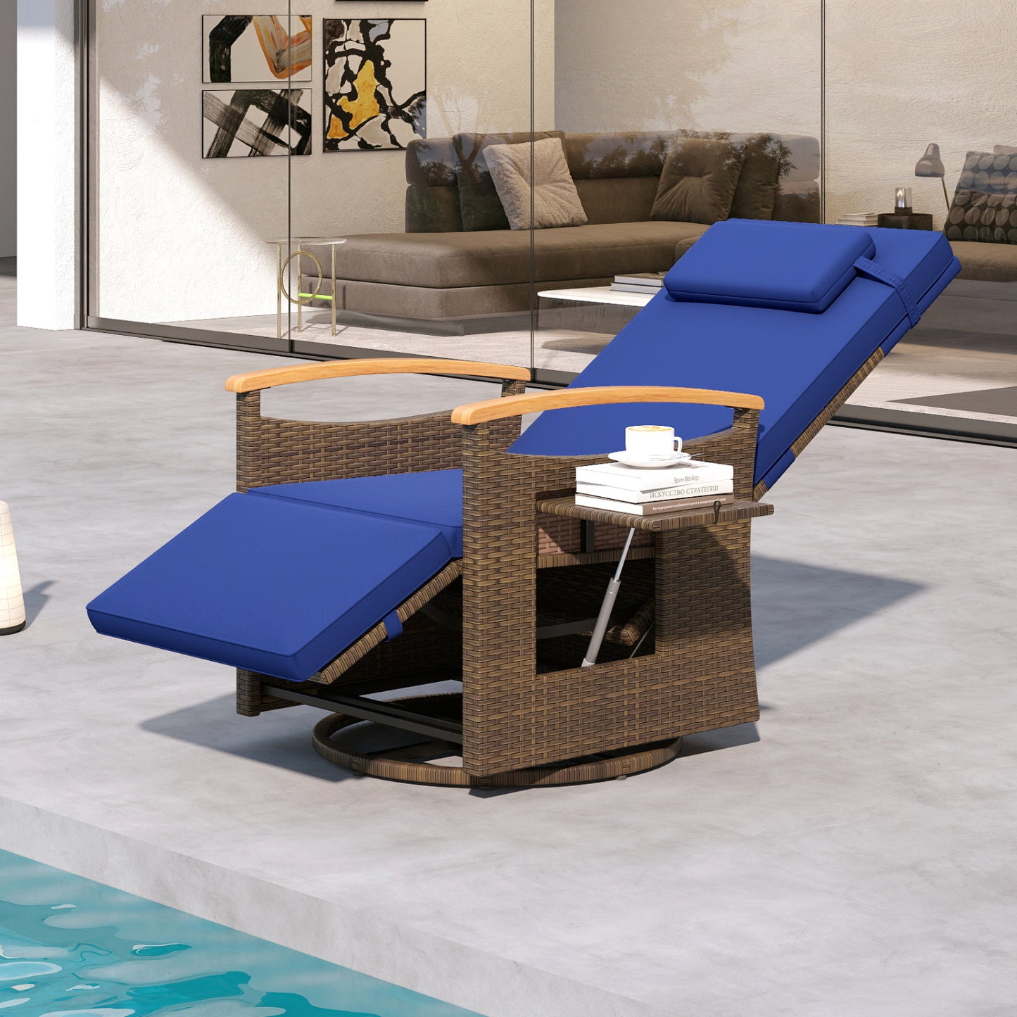 Set of 2 Patio Rattan 360° Swivel Recliner Chair with Adjustable Backrest and Footrest, Navy Outdoor Chaise Lounges at Gallery Canada
