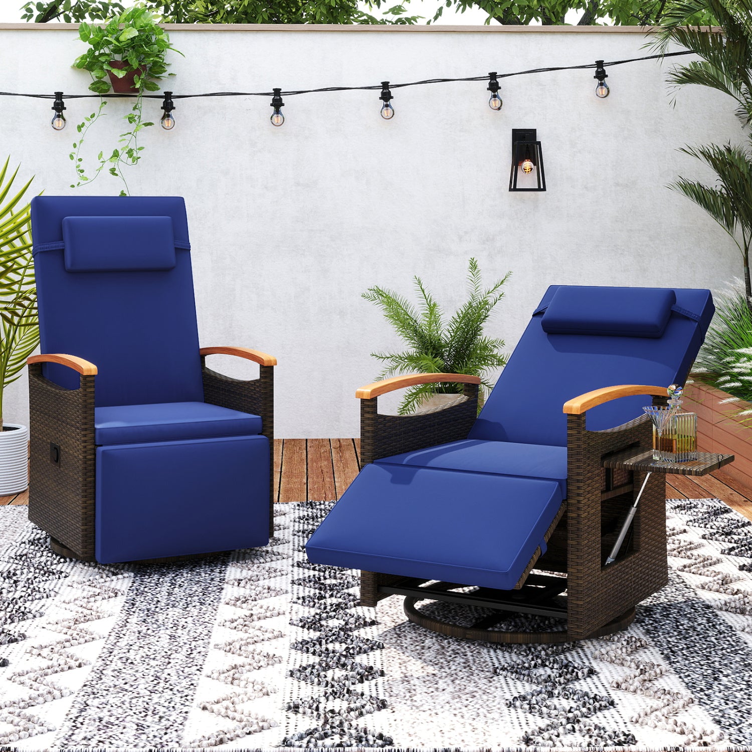 Set of 2 Patio Rattan 360° Swivel Recliner Chair with Adjustable Backrest and Footrest, Navy Outdoor Chaise Lounges at Gallery Canada