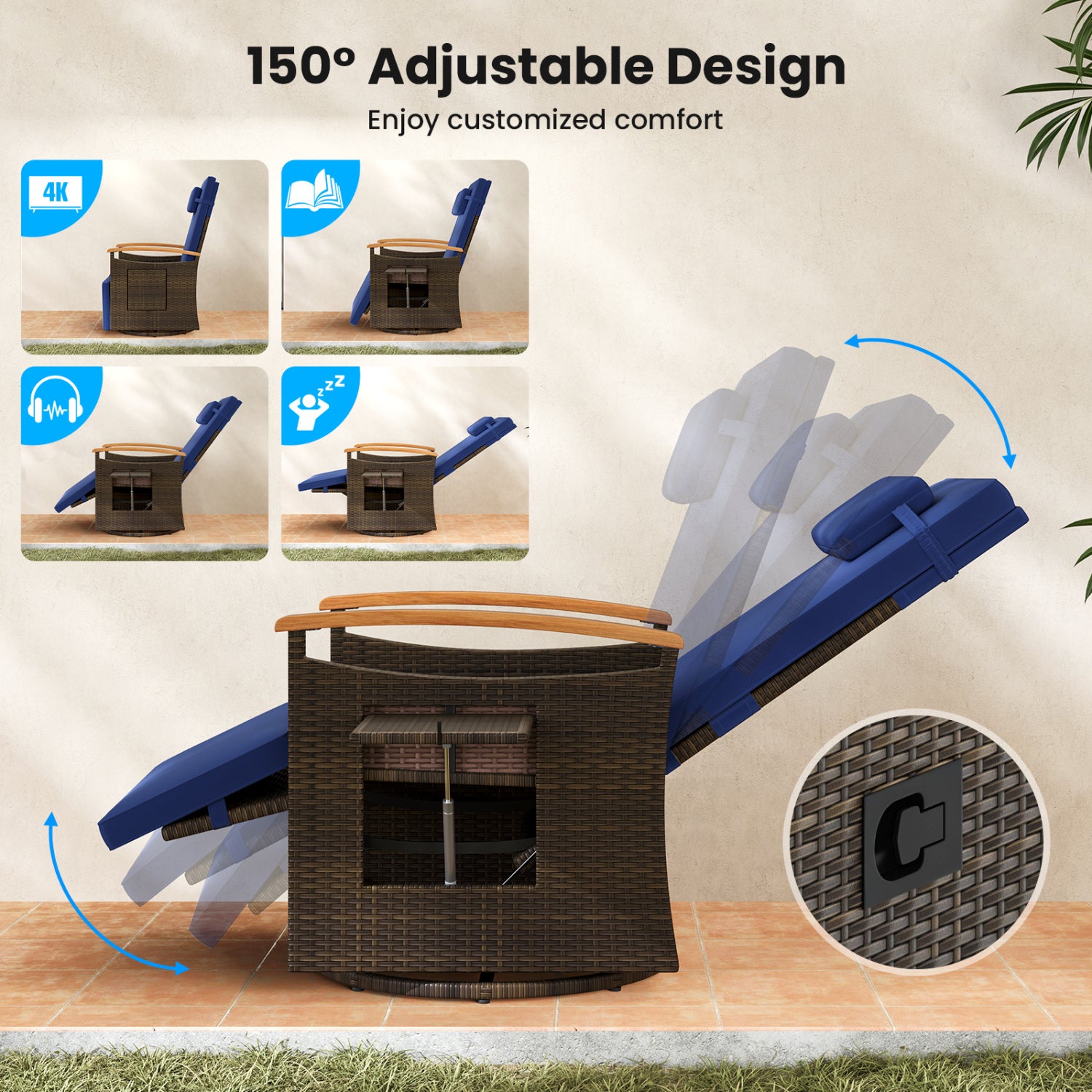 Set of 2 Patio Rattan 360° Swivel Recliner Chair with Adjustable Backrest and Footrest, Navy Outdoor Chaise Lounges at Gallery Canada