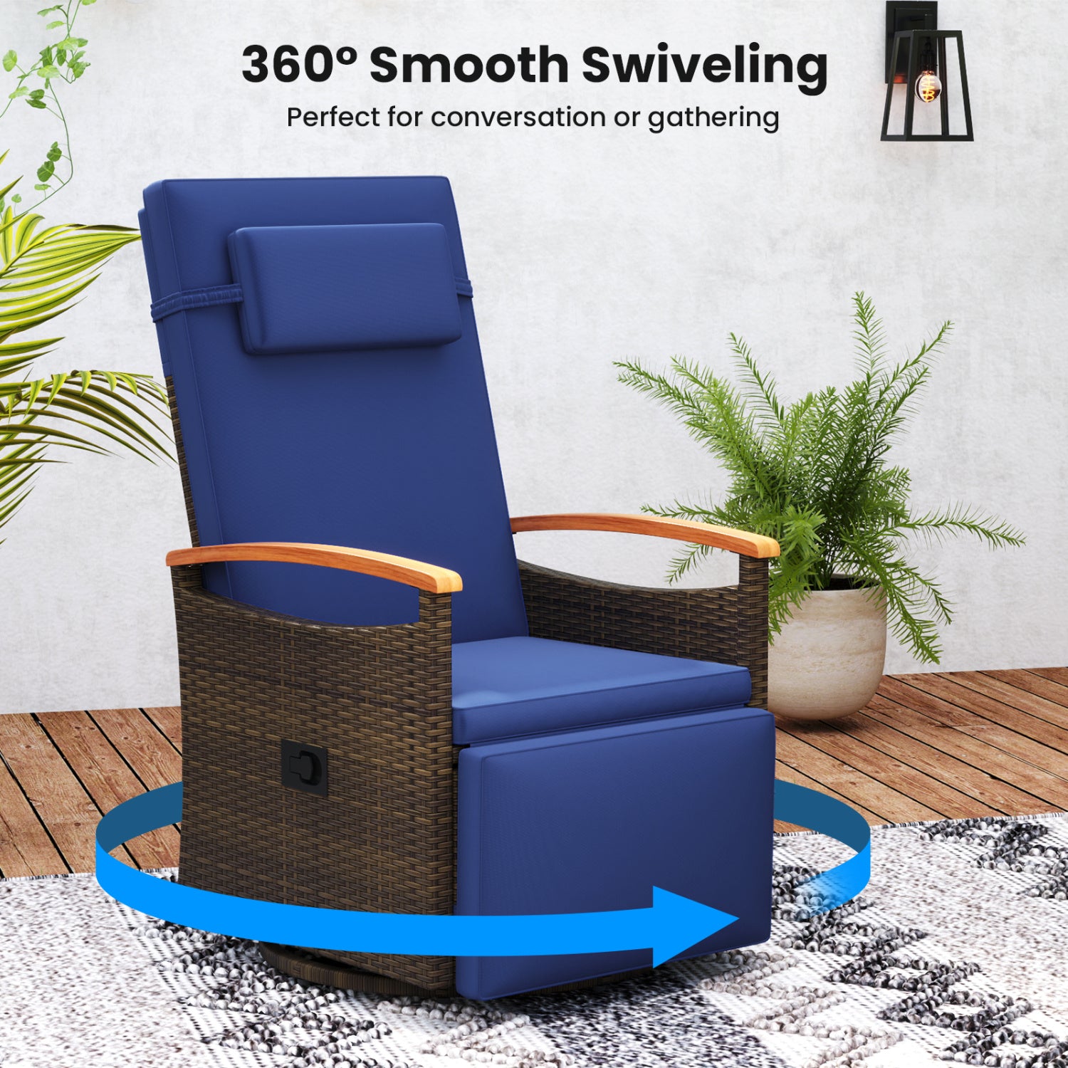 Set of 2 Patio Rattan 360° Swivel Recliner Chair with Adjustable Backrest and Footrest, Navy Outdoor Chaise Lounges at Gallery Canada