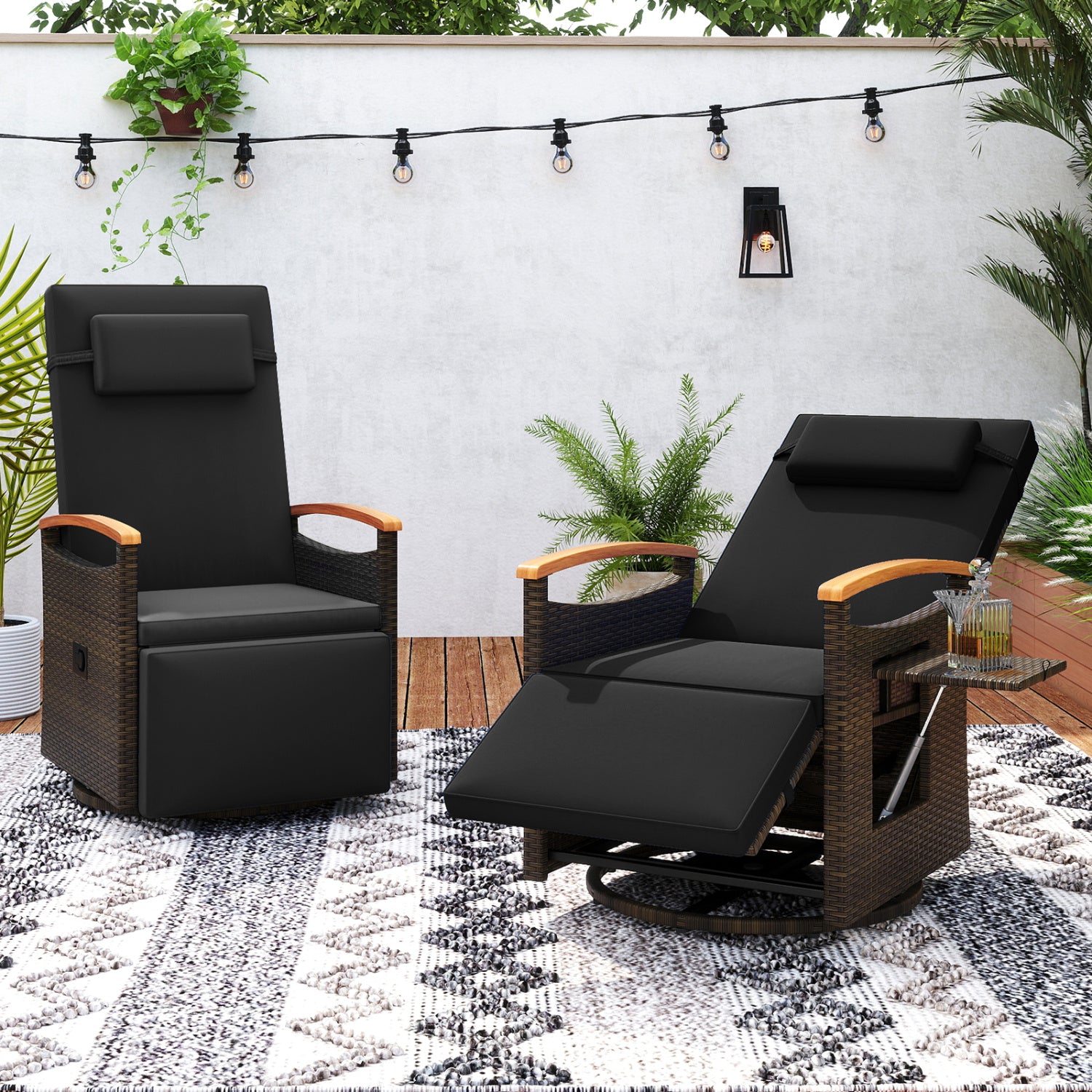 Set of 2 Patio Rattan 360° Swivel Recliner Chair with Adjustable Backrest and Footrest, Black Outdoor Chaise Lounges at Gallery Canada