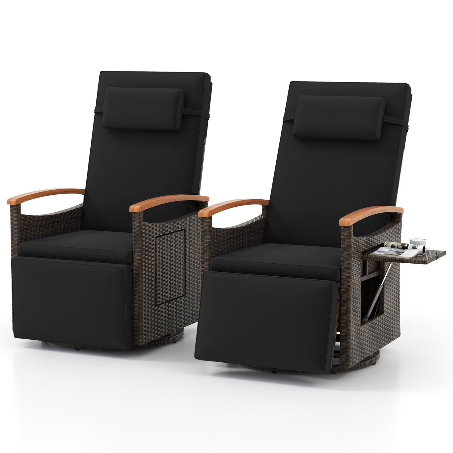 Set of 2 Patio Rattan 360° Swivel Recliner Chair with Adjustable Backrest and Footrest, Black Outdoor Chaise Lounges Black at Gallery Canada