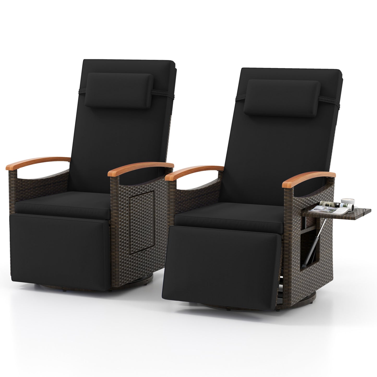 Set of 2 Patio Rattan 360° Swivel Recliner Chair with Adjustable Backrest and Footrest, Black Outdoor Chaise Lounges Black at Gallery Canada