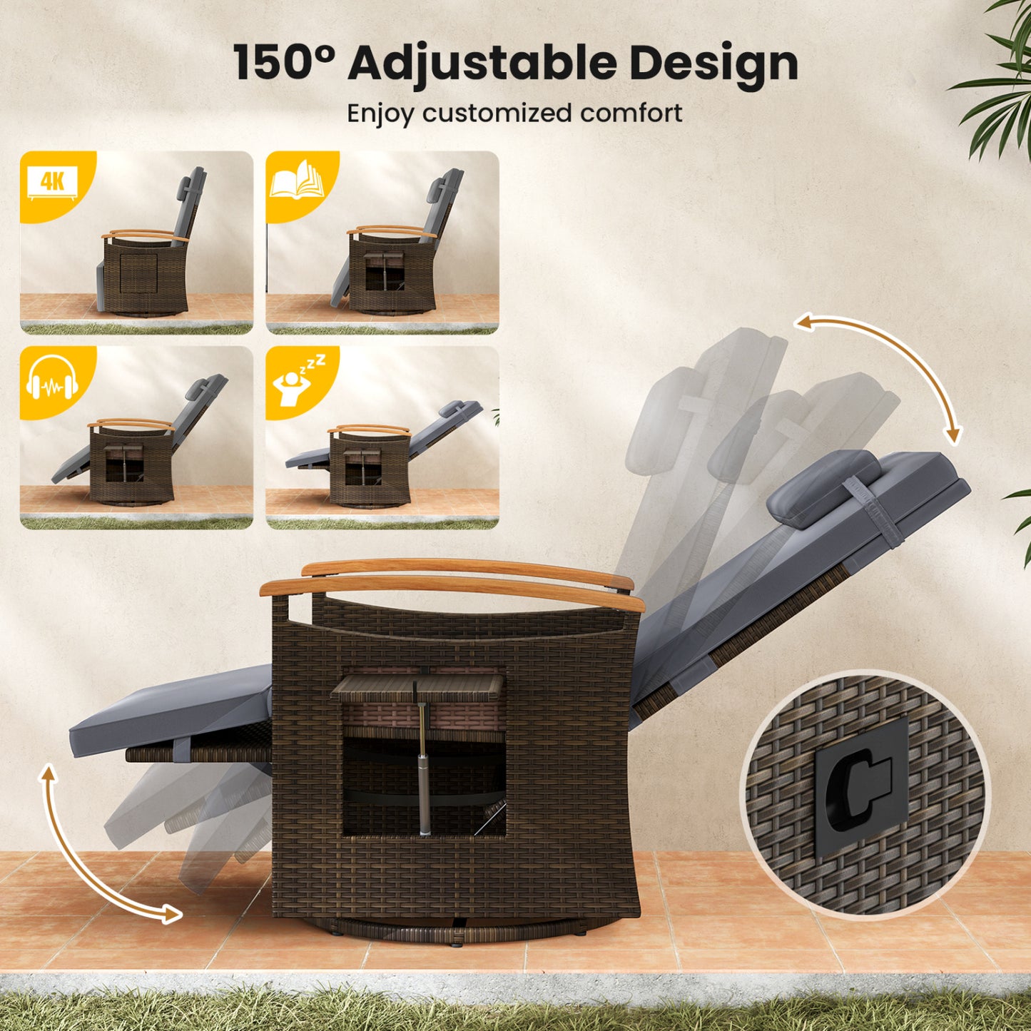 Ensemble de 2 chaises pivotantes inclinables en rotin pour patio, gris