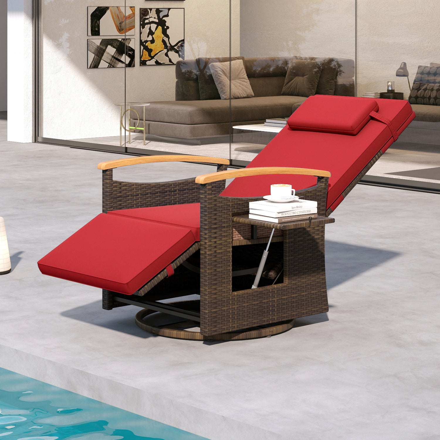 Set of 2 Patio Rattan 360° Swivel Recliner Chair with Adjustable Backrest and Footrest, Red Outdoor Chaise Lounges at Gallery Canada