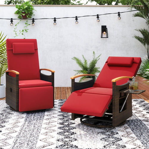 Set of 2 Patio Rattan 360° Swivel Recliner Chair with Adjustable Backrest and Footrest, Red