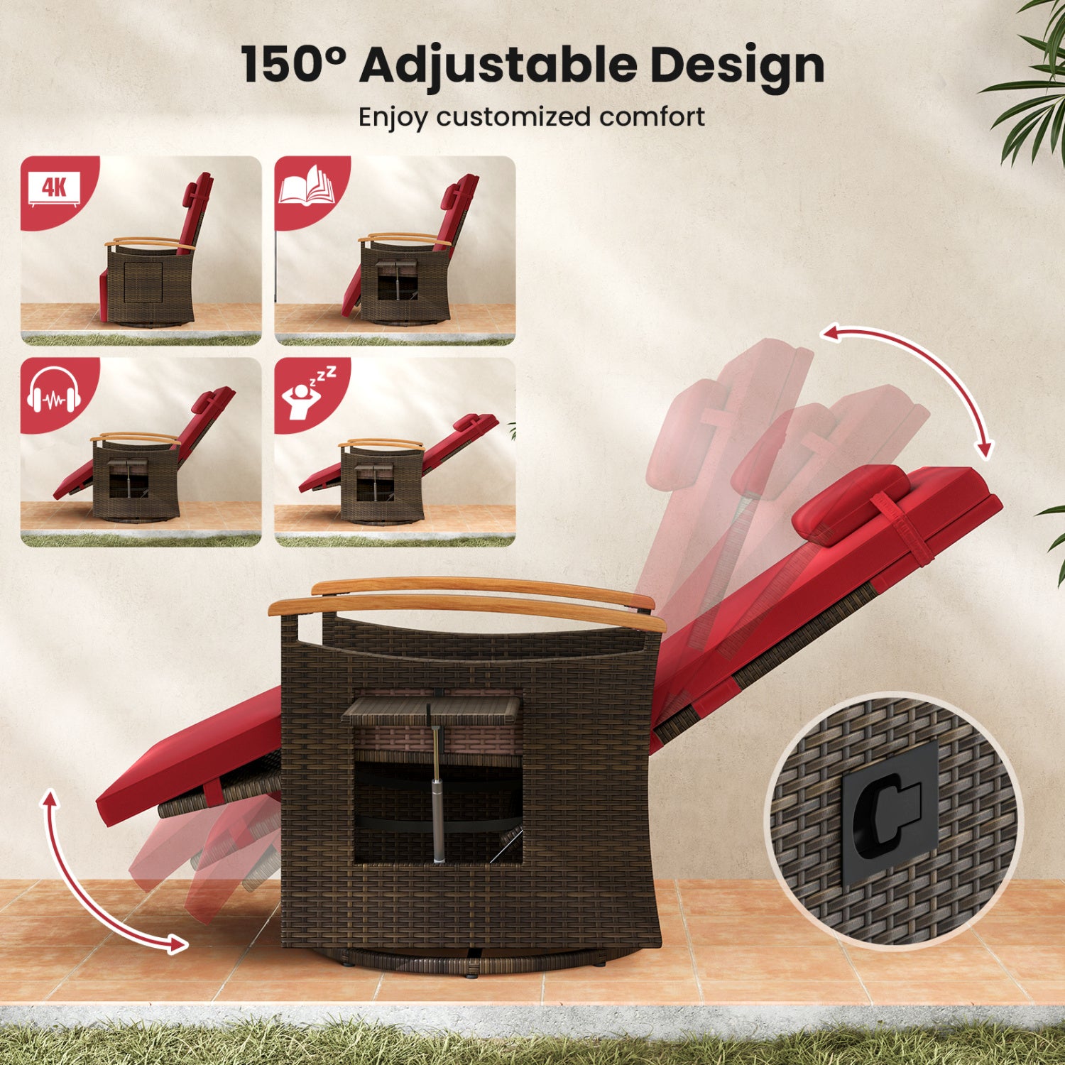 Set of 2 Patio Rattan 360° Swivel Recliner Chair with Adjustable Backrest and Footrest, Red Outdoor Chaise Lounges at Gallery Canada