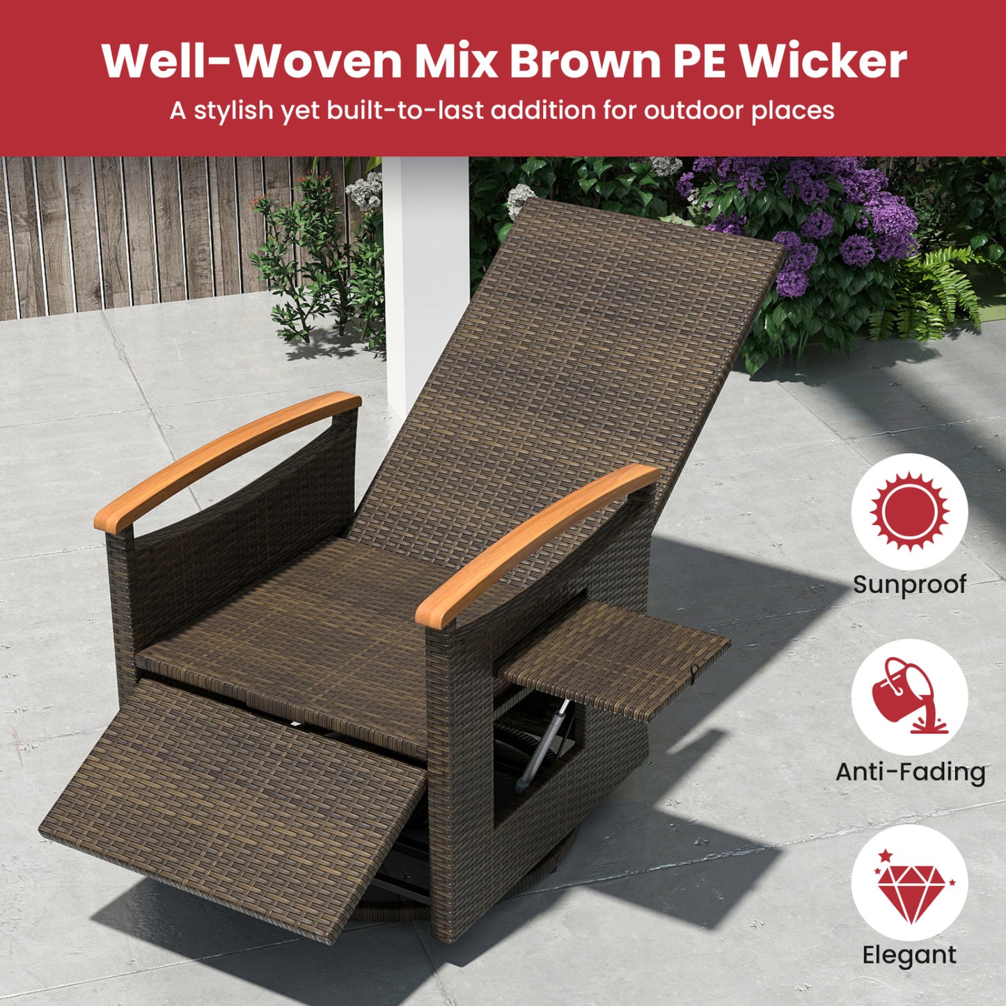 Set of 2 Patio Rattan 360° Swivel Recliner Chair with Adjustable Backrest and Footrest, Red Outdoor Chaise Lounges at Gallery Canada