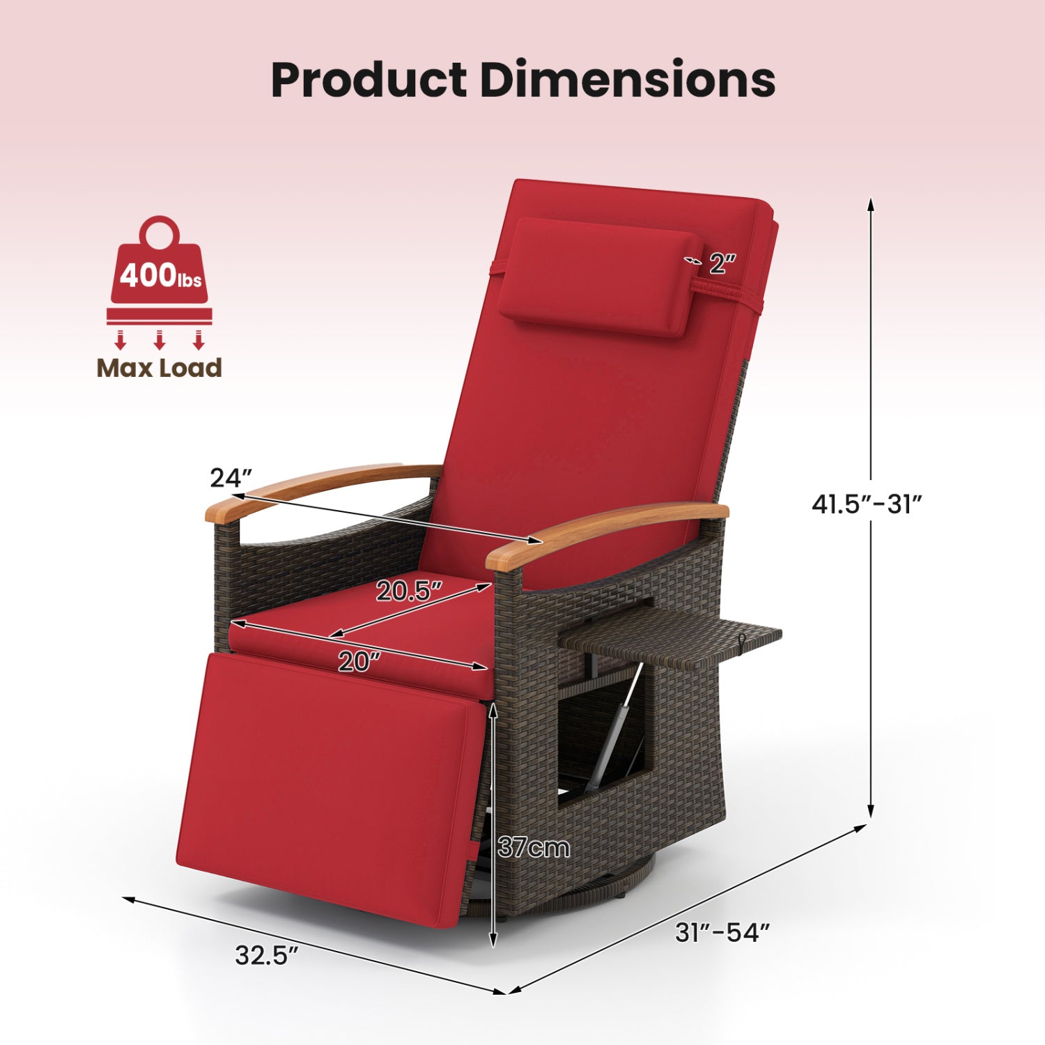 Set of 2 Patio Rattan 360° Swivel Recliner Chair with Adjustable Backrest and Footrest, Red Outdoor Chaise Lounges at Gallery Canada