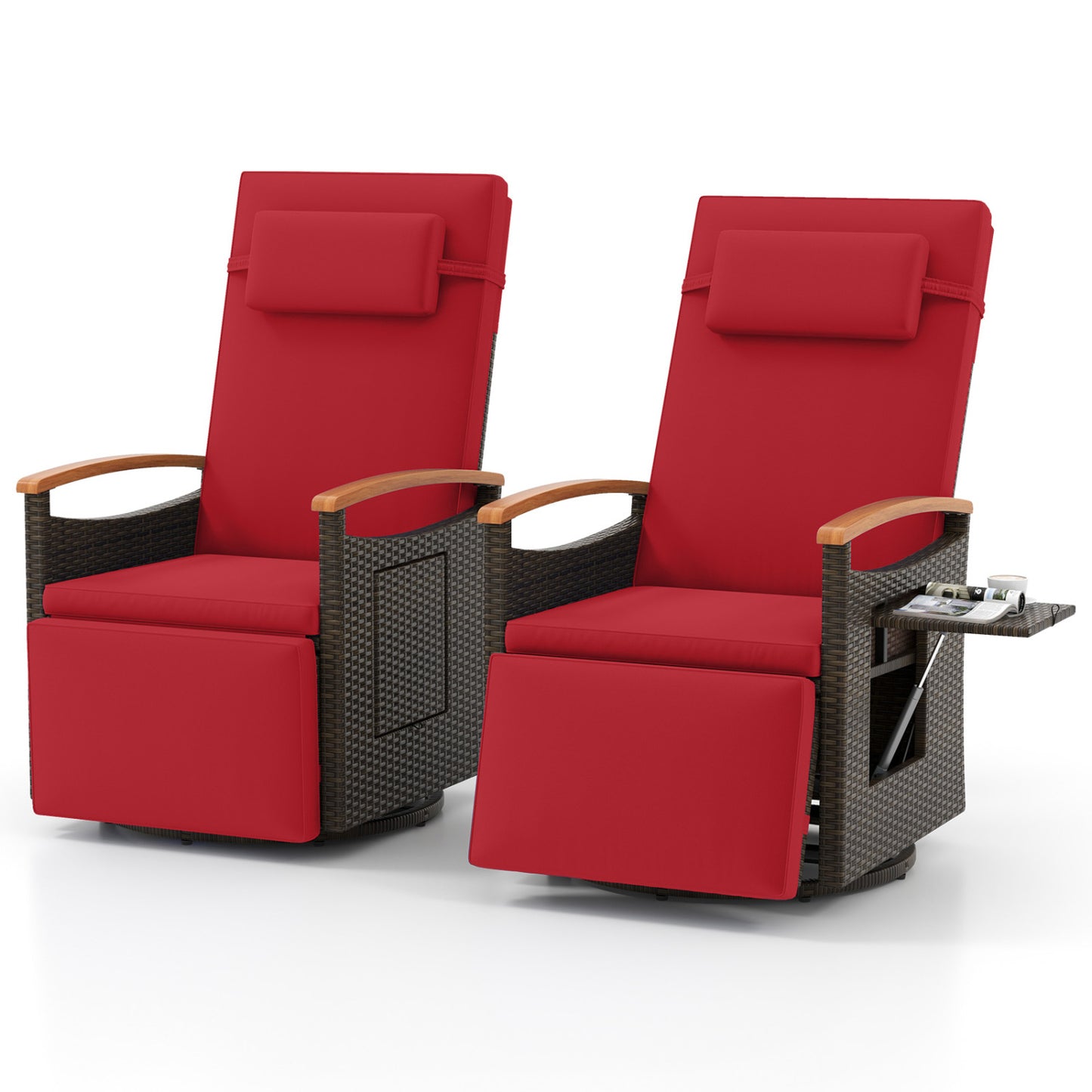 Set of 2 Patio Rattan 360° Swivel Recliner Chair with Adjustable Backrest and Footrest, Red Outdoor Chaise Lounges at Gallery Canada