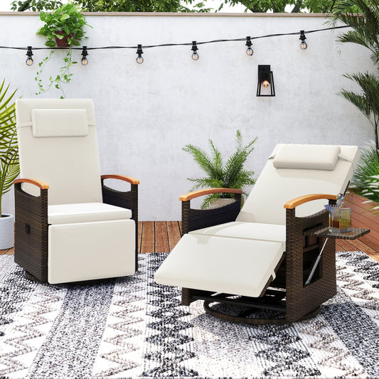 Set of 2 Patio Rattan 360° Swivel Recliner Chair with Adjustable Backrest and Footrest, White Outdoor Chaise Lounges White at Gallery Canada