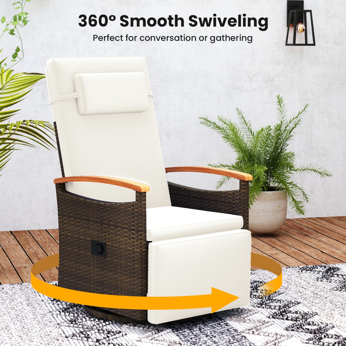 Set of 2 Patio Rattan 360° Swivel Recliner Chair with Adjustable Backrest and Footrest, White Outdoor Chaise Lounges at Gallery Canada