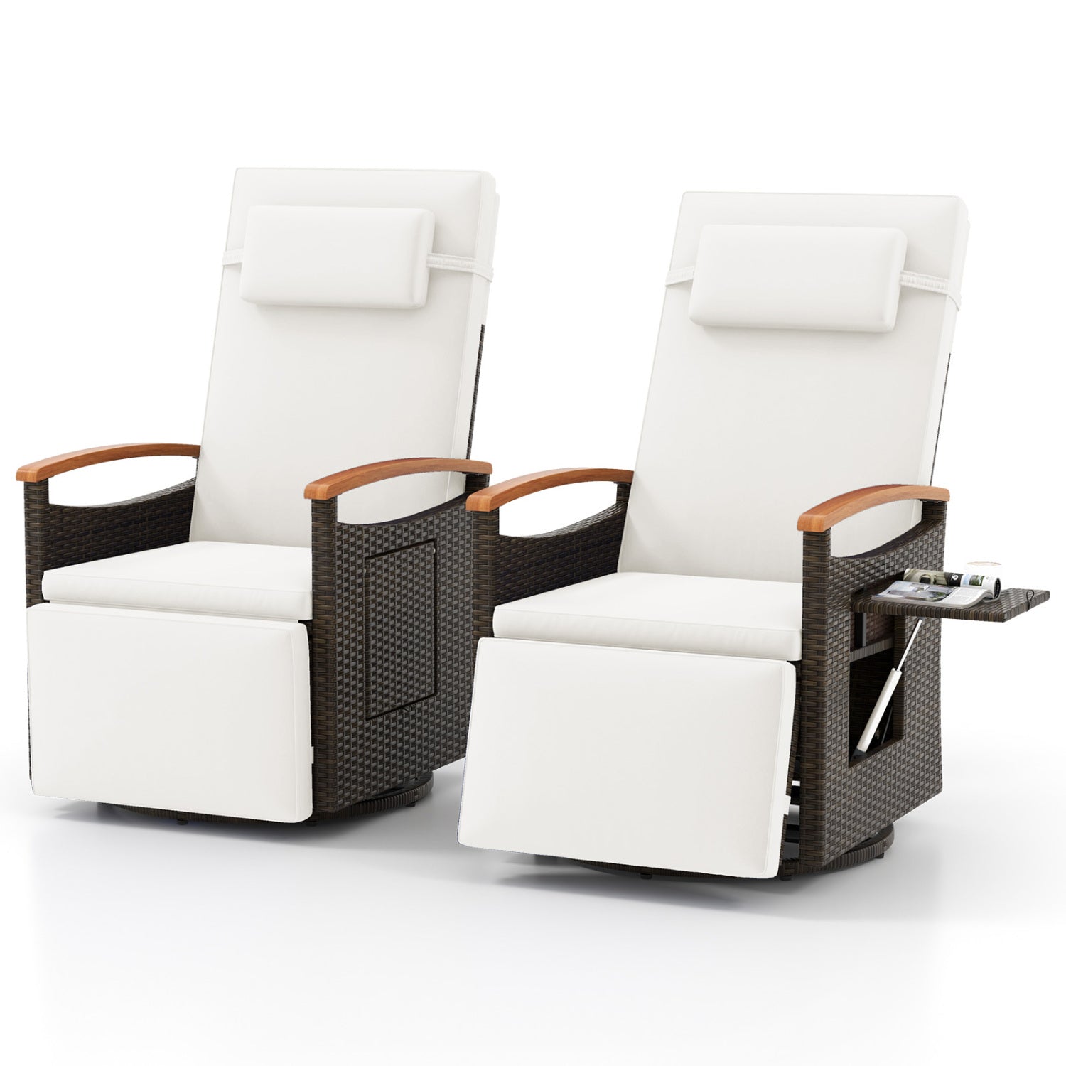 Set of 2 Patio Rattan 360° Swivel Recliner Chair with Adjustable Backrest and Footrest, White Outdoor Chaise Lounges White at Gallery Canada