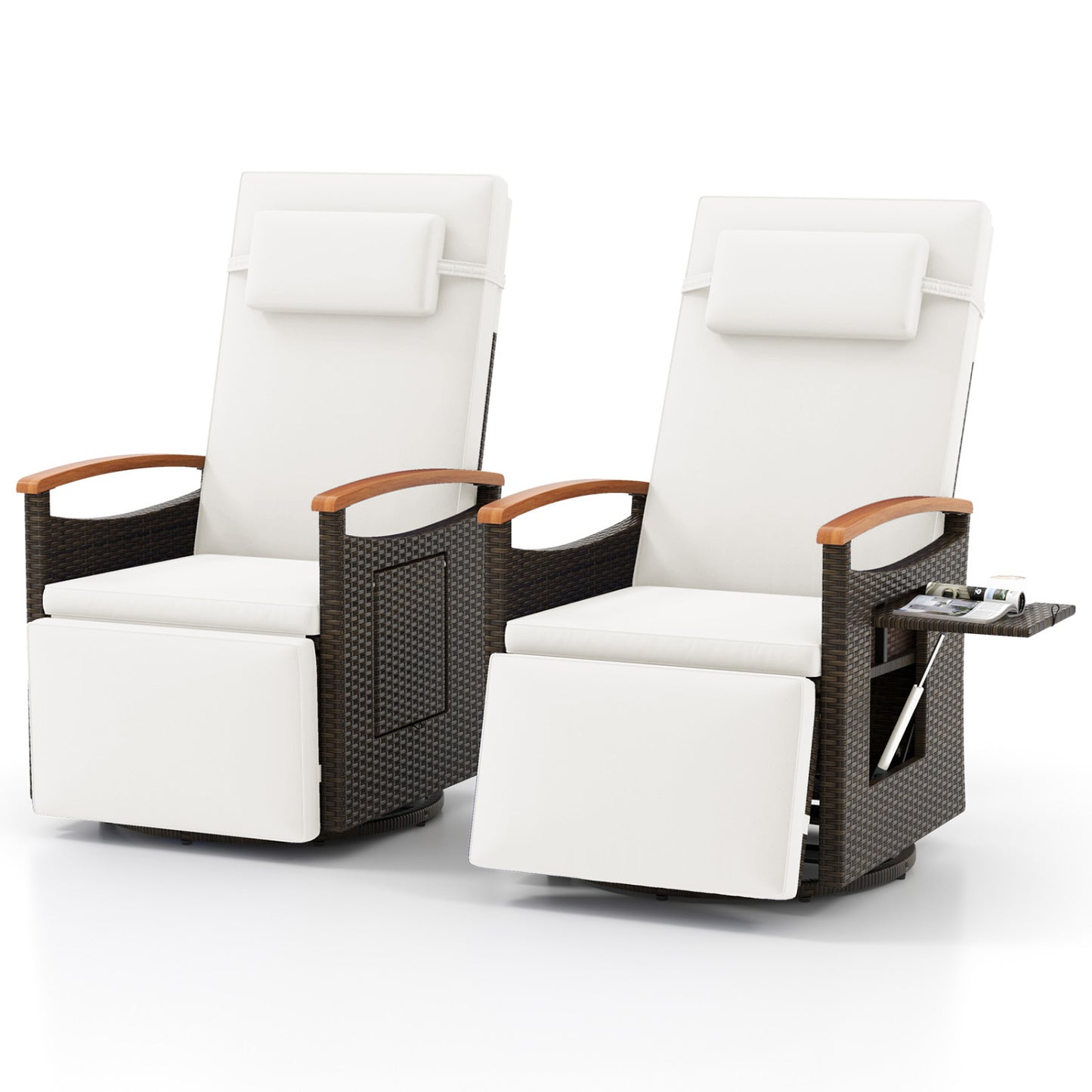 Set of 2 Patio Rattan 360° Swivel Recliner Chair with Adjustable Backrest and Footrest, White Outdoor Chaise Lounges White at Gallery Canada