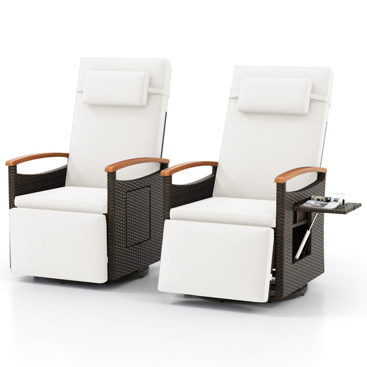 Set of 2 Patio Rattan 360° Swivel Recliner Chair with Adjustable Backrest and Footrest, White Outdoor Chaise Lounges White at Gallery Canada