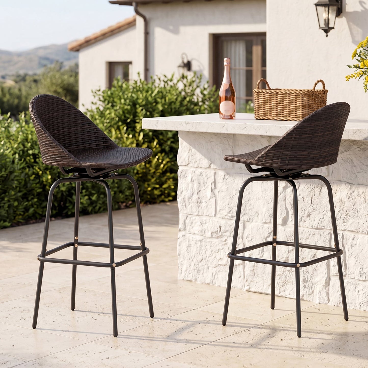 Set of 2 Patio Swivel Bar Stools, Rattan Seat, 400 LBS, Brown Patio Bar Furniture at Gallery Canada