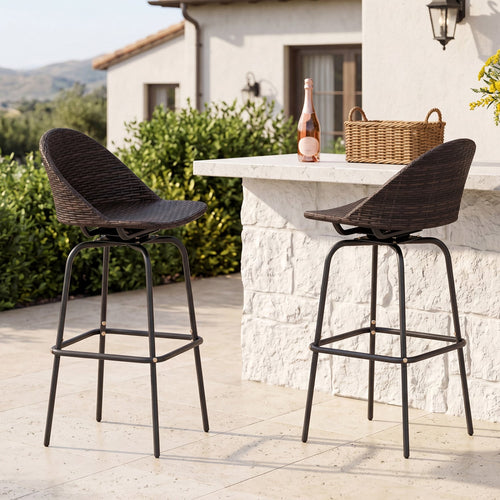 Set of 2 Patio Swivel Bar Stools, Rattan Seat, 400 LBS, Brown