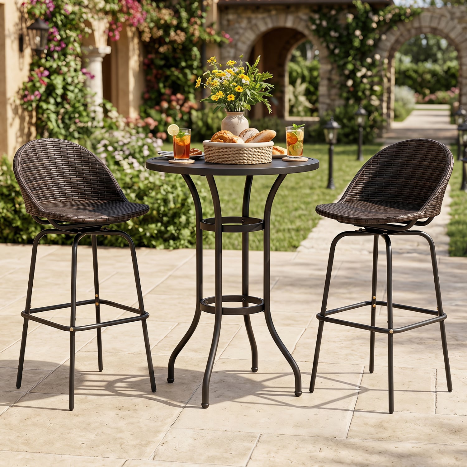 Set of 2 Patio Swivel Bar Stools, Rattan Seat, 400 LBS, Brown Patio Bar Furniture at Gallery Canada