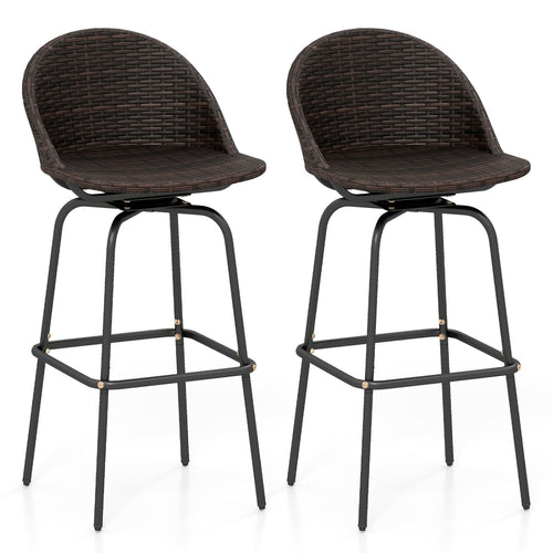 Set of 2 Patio Swivel Bar Stools, Rattan Seat, 400 LBS, Brown
