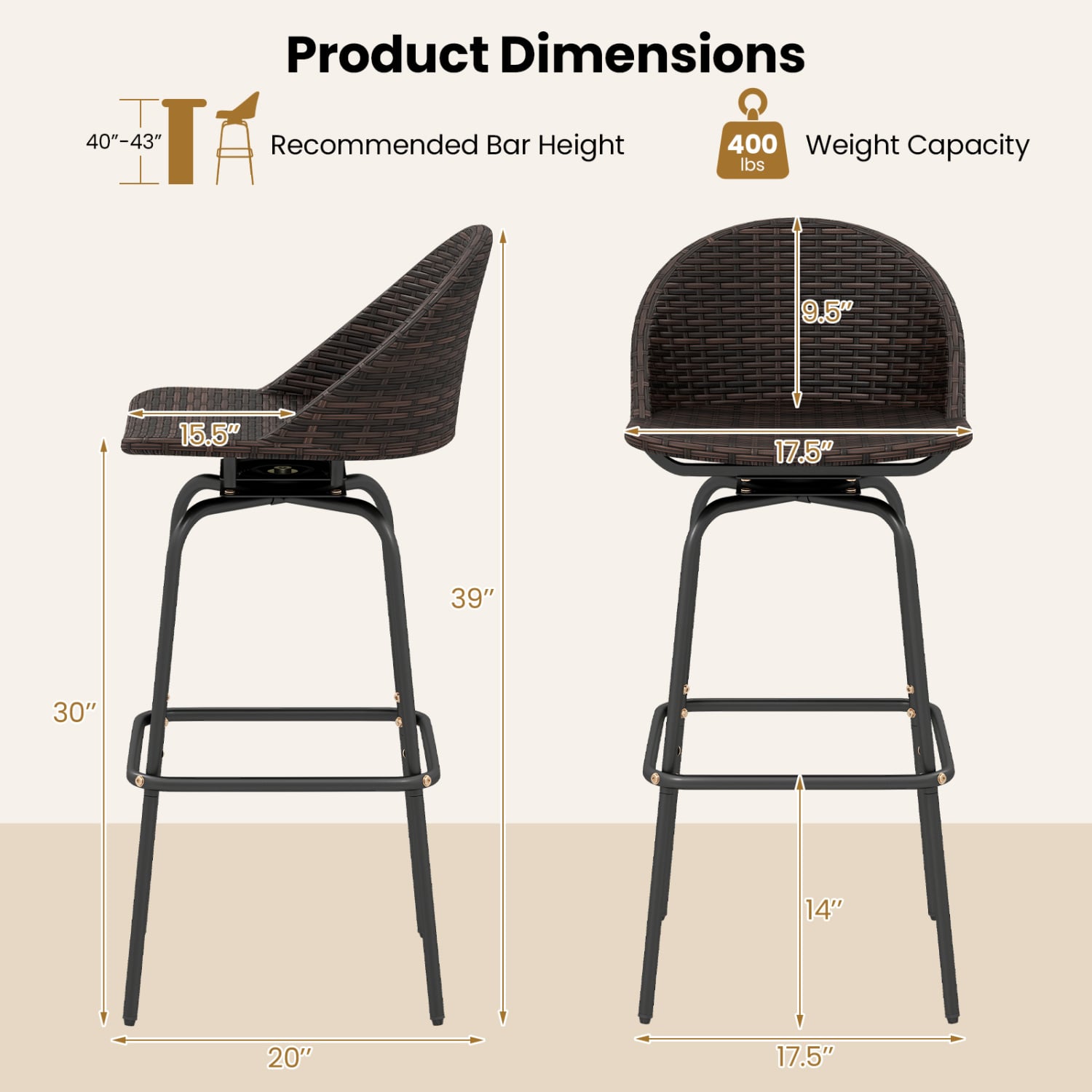 Set of 2 Patio Swivel Bar Stools, Rattan Seat, 400 LBS, Brown Patio Bar Furniture at Gallery Canada