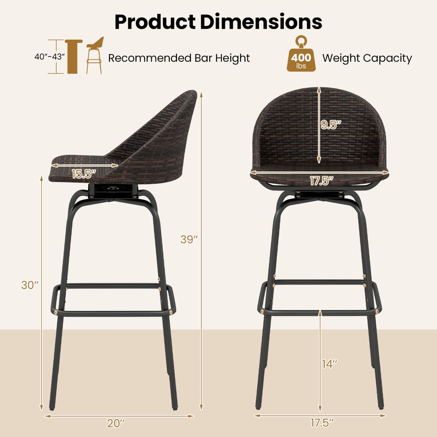 Set of 2 Patio Swivel Bar Stools, Rattan Seat, 400 LBS, Brown Patio Bar Furniture at Gallery Canada