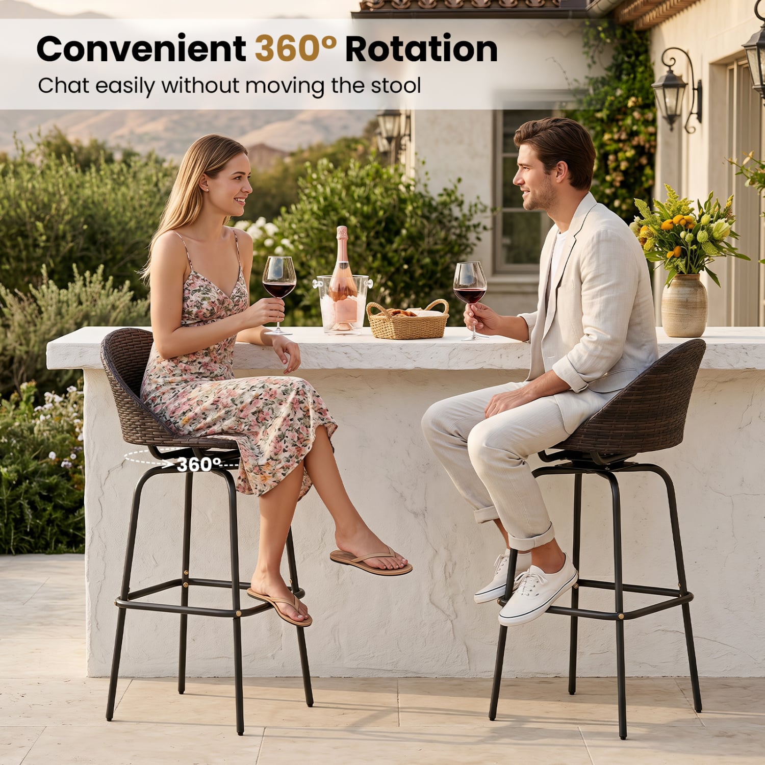 Set of 2 Patio Swivel Bar Stools, Rattan Seat, 400 LBS, Brown Patio Bar Furniture at Gallery Canada