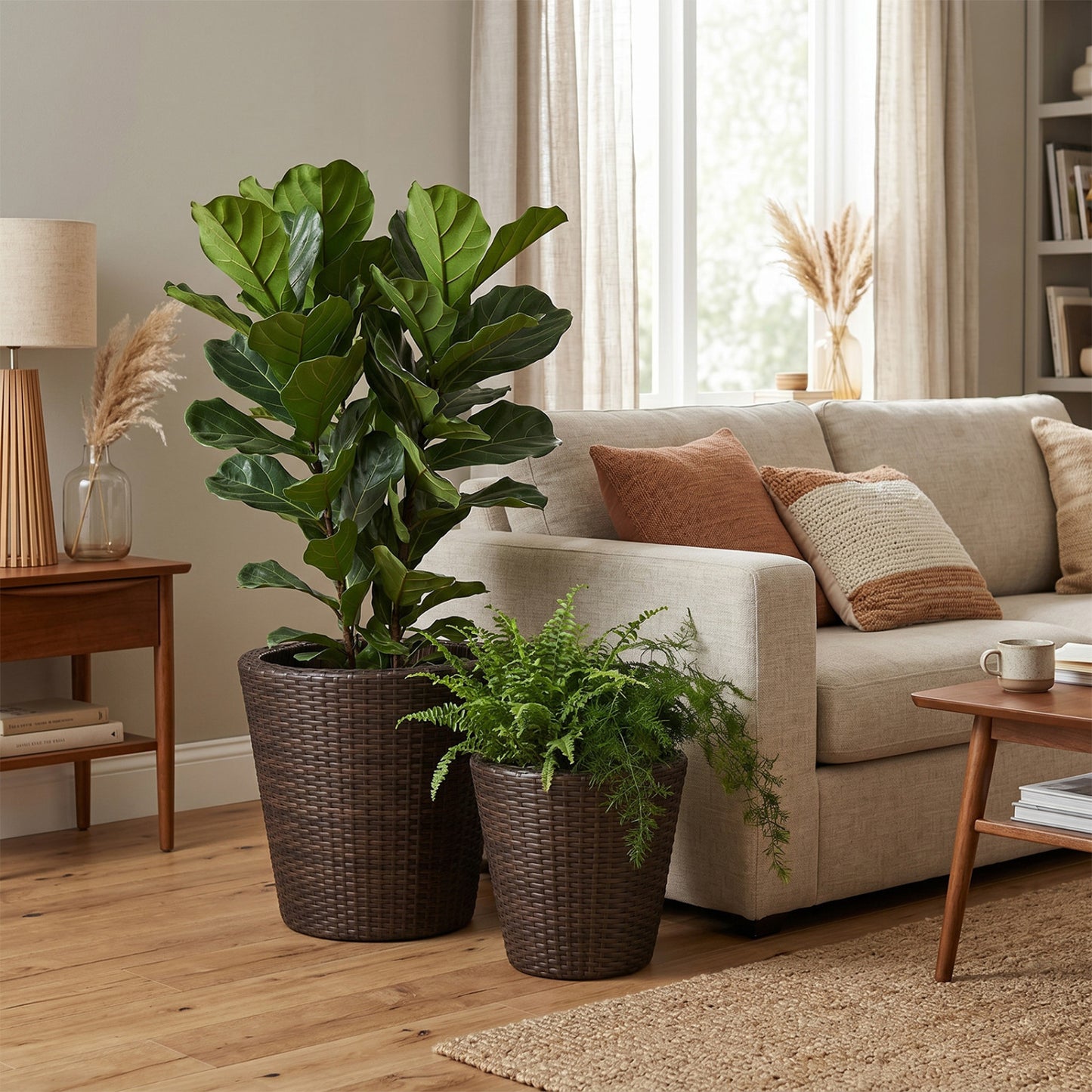 Set of 2 Plastic Taper Rattan Planters, Brown