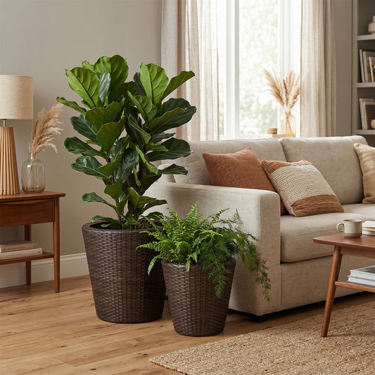 Set of 2 Plastic Taper Rattan Planters, Brown