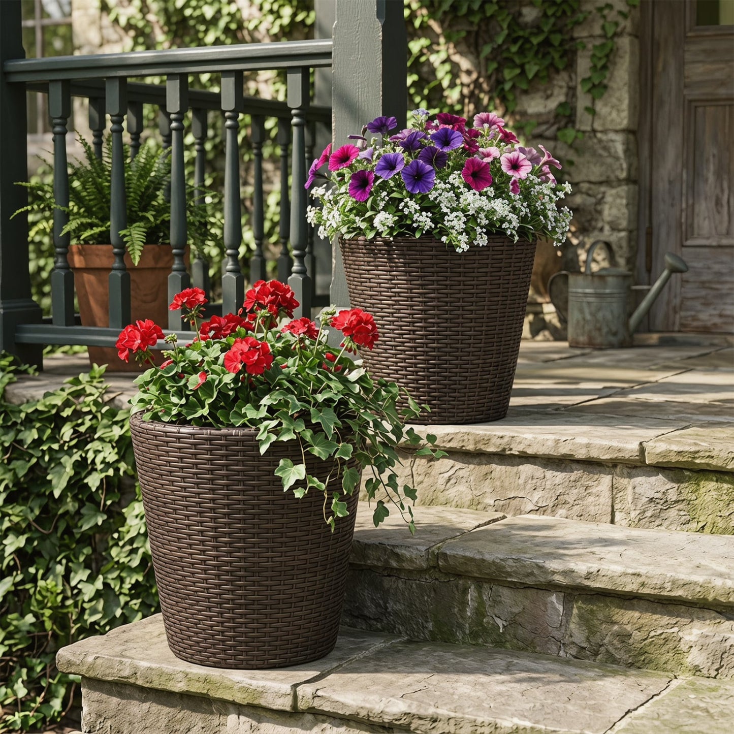 Set of 2 Plastic Taper Rattan Planters, Brown
